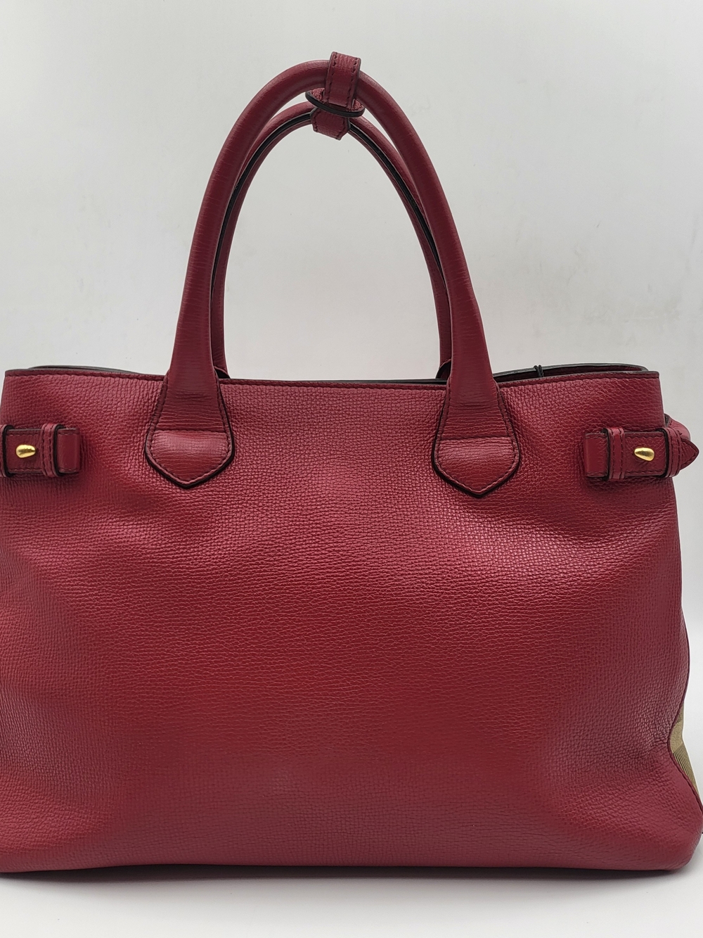 BURBERRY Grainy Calfskin House Check Medium Banner Tote Red, Auth w/COA. - Picture 3 of 16